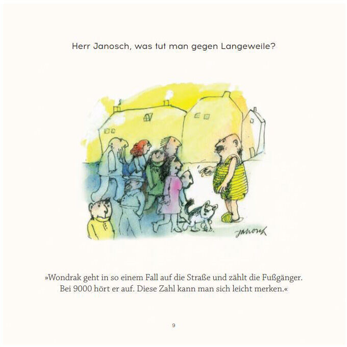 Ein Buchcover des Buches 'Buch Wondrak: Herr Janosch, was hilft gegen Langeweile im Alter?' zeigt eine bunte Szene mit illustrierten Charakteren, die auf einer Straße gehen. Im Hintergrund sind gelbe Häuser zu sehen. Der Titel ist oben auf dem Cover abgebildet.