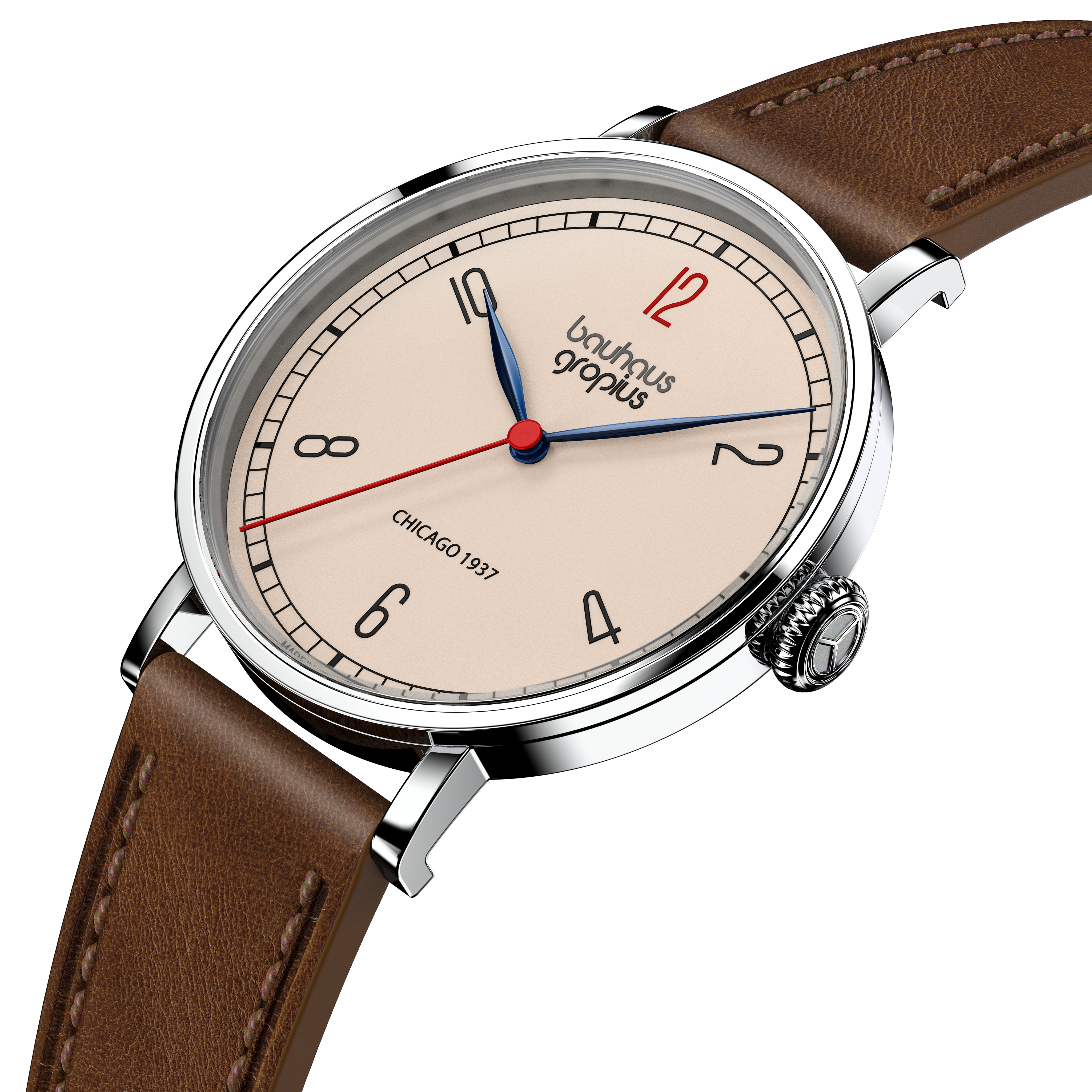 Abbildung einer eleganten Armbanduhr in Bauhaus-Design, mit hellem Zifferblatt, schwarzen und roten Details, silbernem Gehäuse und braunem Lederarmband. Die Uhr trägt die Aufschrift 'Walter Gropius, New Bauhaus Chicago 1937' und hebt sich durch minimalistischen Stil hervor.