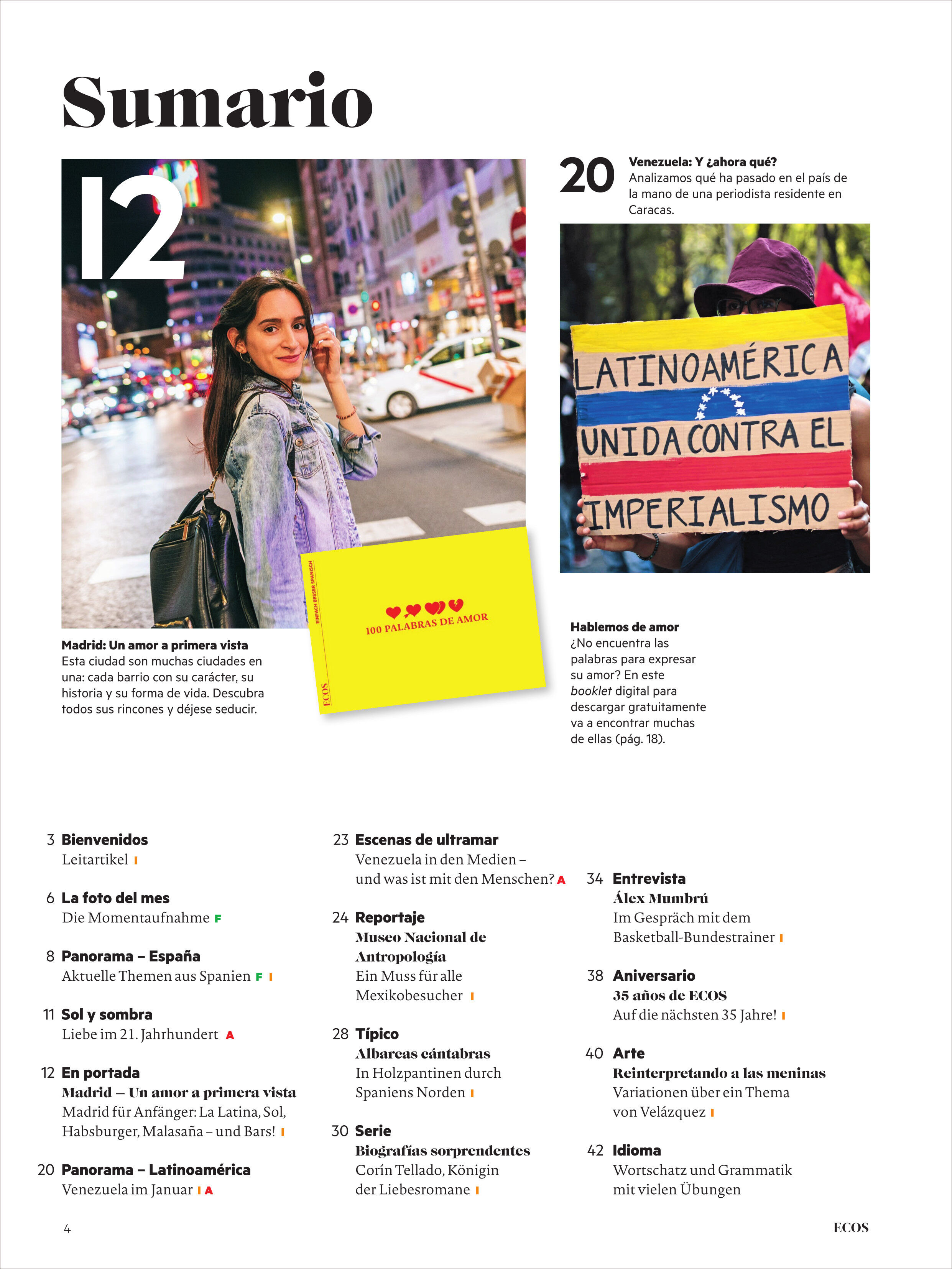 Seite mit Inhaltsverzeichnis des Magazins Ecos 3/2026: Großes schwarzes "Sumario" oben, darunter vier Spalten mit Text und Rubriktiteln zu Spanien, Lateinamerika, Reisen, Alltag und Sprache. Links großes Foto einer jungen Frau mit Tasche auf belebter Straße, daneben ein hellgelbes Magazin mit Herzsymbolen. Rechts weiteres Foto mit Transparent: „Latinoamérica unida contra el imperialismo“.