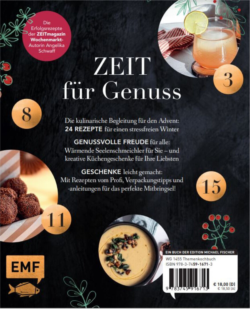 Ein Adventskalender mit dem Titel »24 Genussmomente«. Der Kalender zeigt eine Mischung aus Rezeptideen und beschreibt verschiedene winterliche und weihnachtliche Gerichte. Das Design umfasst Illustrationen von Speisen und Verzierungen in festlichen Farben.