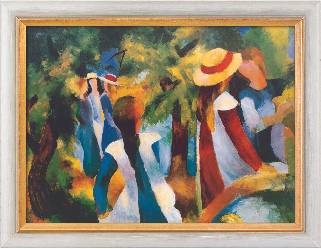 Ein expressionistisches Gemälde von August Macke aus dem Jahr 1914 mit dem Titel »Mädchen unter Bäumen«. Das Werk zeigt mehrere Frauen unter Bäumen in einem farbenfrohen Park. Helle und lebendige Blau-, Grün-, Rot- und Gelbtöne dominieren die Szene.