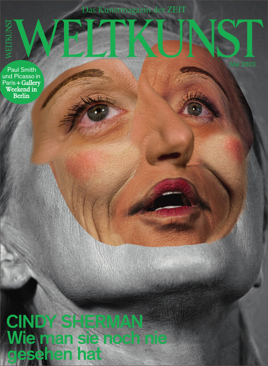 Cover des Kunstmagazins 'Weltkunst' mit einer Collage von Cindy Sherman, die Gesicht und Gesichtszüge kreativ darstellt. Titel und Überschrift sind in grünem Text gestaltet.