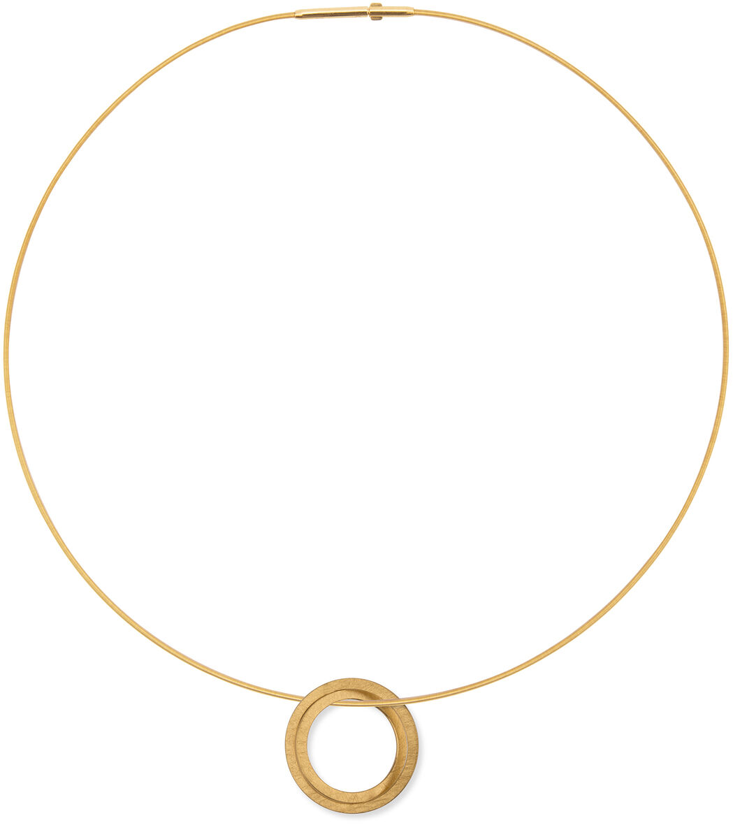 Ein elegantes, goldplattiertes Collier mit einem großen, runden Silberanhänger. Die Halskette hat ein schlichtes und modernes Design, perfekt für besondere Anlässe oder als stilvolles Accessoire im Alltag.