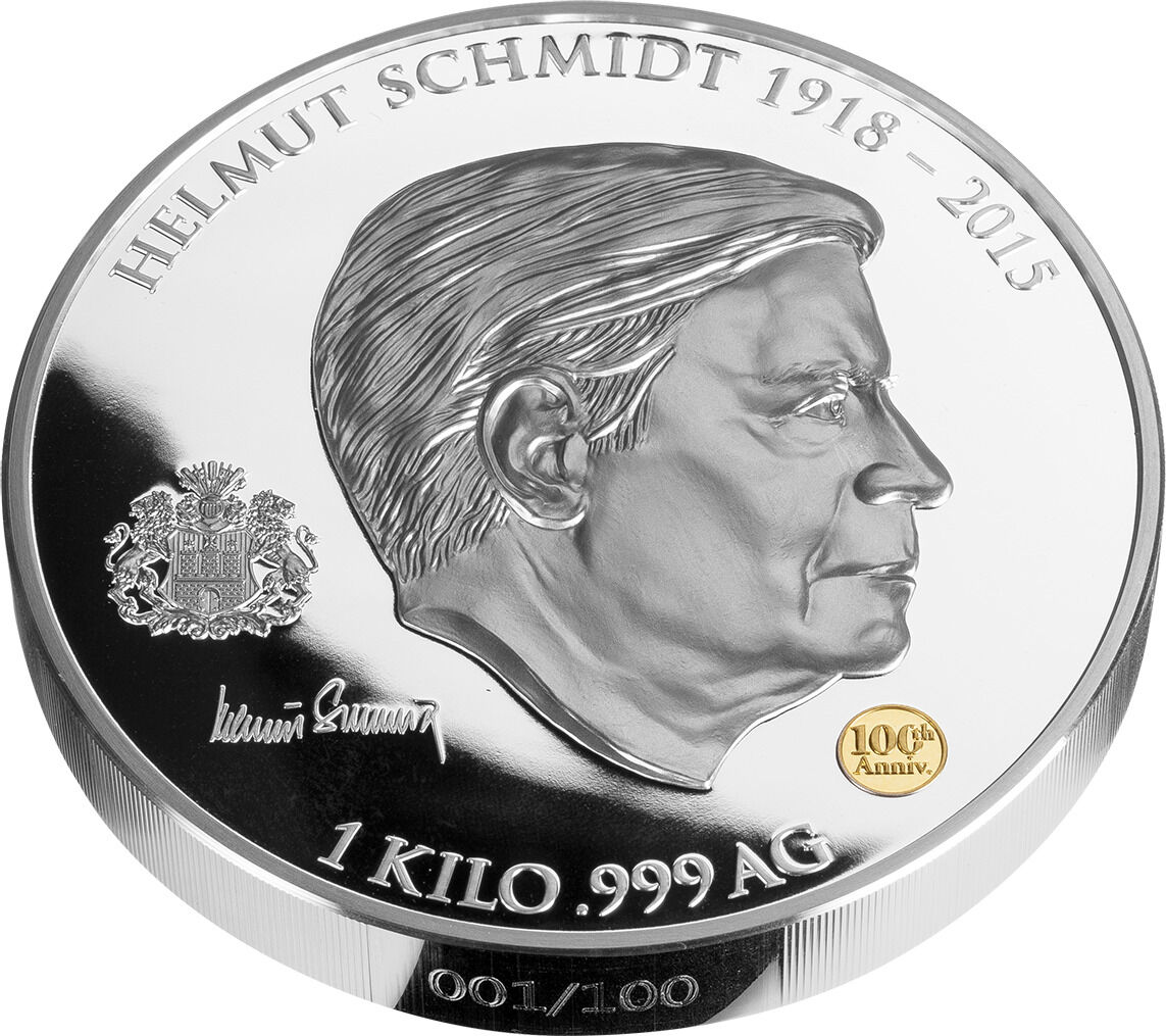 Silber-Gedenkmünze zu Ehren von Helmut Schmidt mit seinem Profil, dem Schriftzug 'Helmut Schmidt 1918-2015' und einer goldenen Markierung für den 100. Jahrestag.