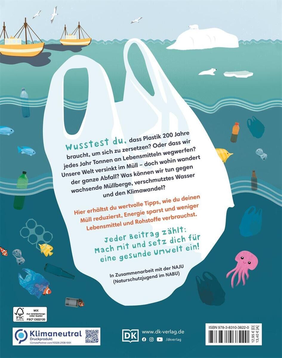 Das Bild zeigt das Buch "So viel Müll!" mit einer illustrierten Plastiktasche, umgeben von Müll und Meereslebewesen. Ein Text informiert über die Umweltproblematik von Plastiktaschen und bietet Tipps zur Müllvermeidung.