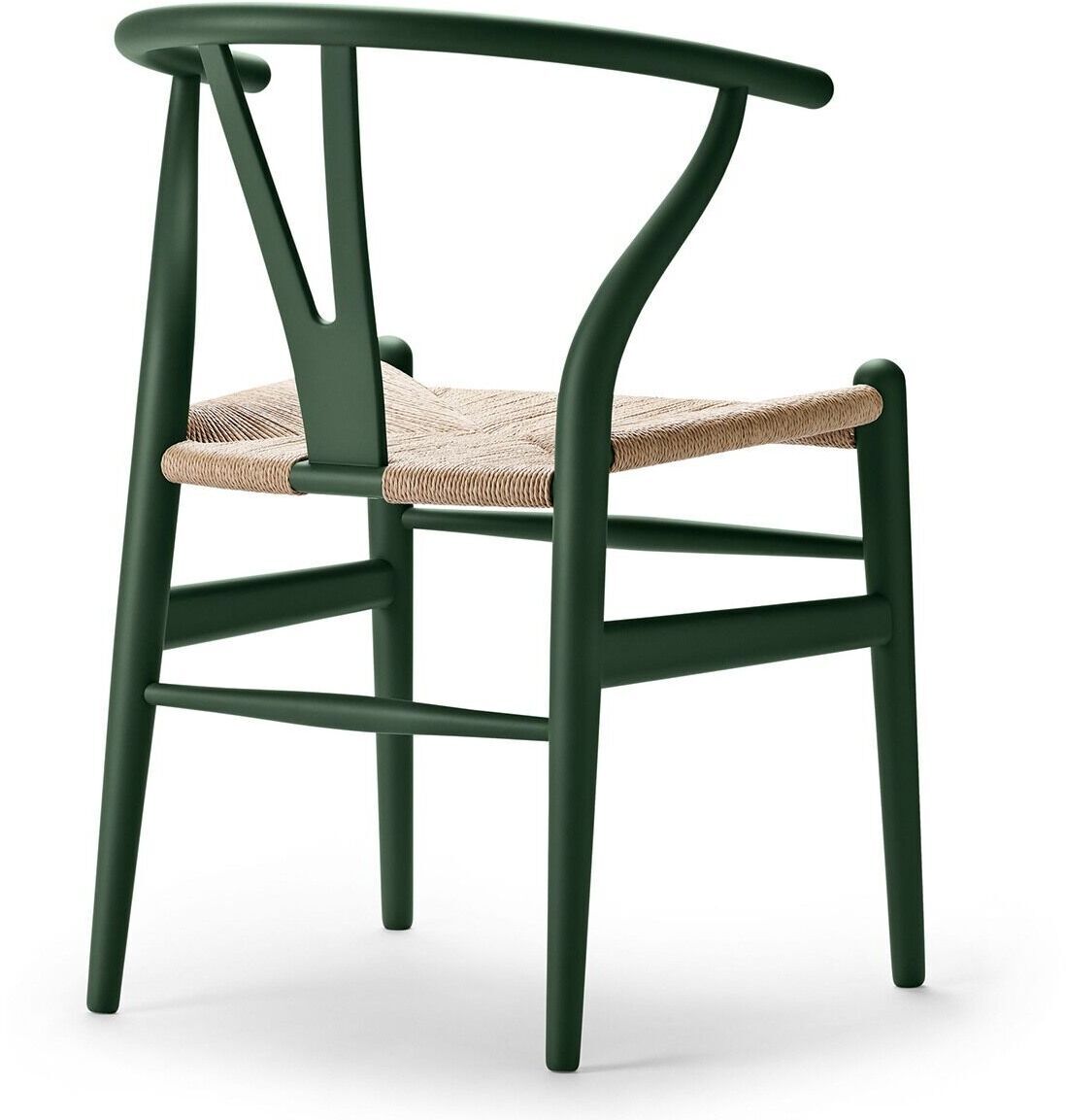 Sonderedition CH24 Soft Stuhl von Carl Hansen mit schlichter, eleganter Linienführung, grünem Holzrahmen und gewebtem Sitz in Beige.