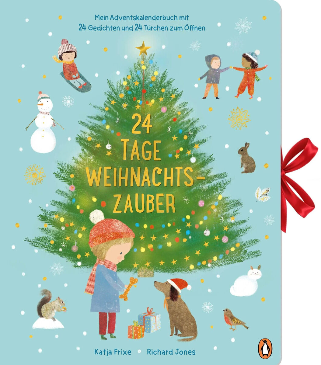 Ein illustriertes adventskalenderbuch mit einem großen geschmückten weihnachtsbaum, umgeben von kindern, einem schneemann und einem eichhörnchen. Ein rotes band befindet sich an der seite des buches, das den titel '24 Tage Weihnachtszauber' trägt. Das Cover zeigt eine winterliche und festliche Szene auf einem hellblauen Hintergrund.