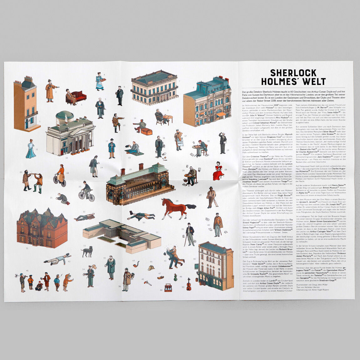 Sherlock Holmes Welt Puzzle aus Papier, zeigt eine Collage von Gebäuden, Personen und Szenen im Stil von Sherlock Holmes Geschichten, mit Text auf der rechten Seite.