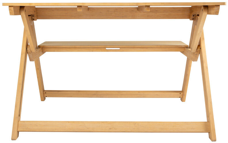 Die Klappbare Tischbank "Folding Picnic Table" von Weltevree ist aus braunem Bambus gefertigt. Sie zeigt eine massive Sitzfläche und eine stabile Tischplatte, beide verbunden durch ein klappbares Gestell. Die Oberfläche wirkt glatt und hochwertig verarbeitet, ideal für den Innen- und Außenbereich.