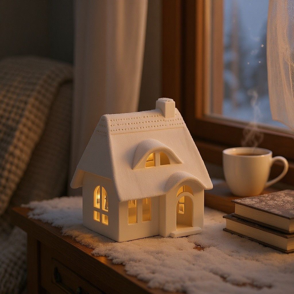 Ein weißes Miniaturhaus mit Reetdach steht auf einer mit künstlichem Schnee bedeckten Fensterbank neben einer dampfenden Tasse. Das Haus ist von innen beleuchtet und verbreitet warmes Licht, während draußen Schnee liegt.