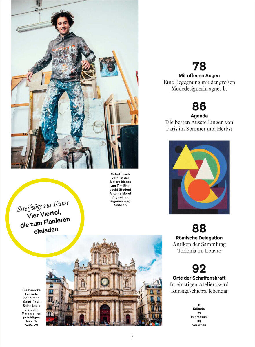 Seite aus dem Kunstmagazin 'WELTKUNST 229/24 Sonderheft Paris' mit Bildern von Kunstwerken und Ausstellungen, und einem Künstler, der in seinem Atelier posiert.