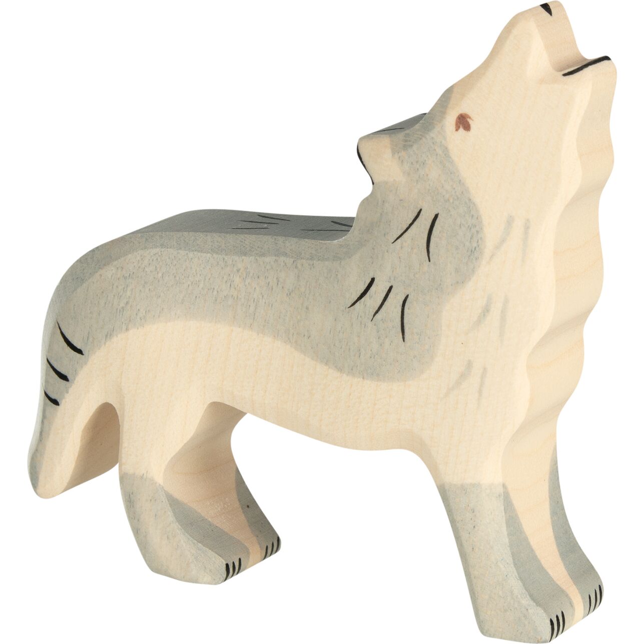 Handgeschnitzte Holzfigur eines heulenden Wolfs aus dem großen Waldtiere-Set, gefertigt aus naturbelassenem Holz und liebevoll bemalt, geeignet als Spielzeug für Kinder oder als Dekoration.