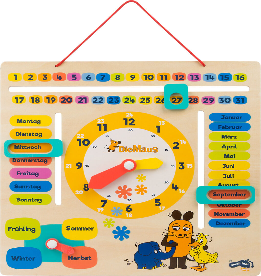 Ein bunter Kalender im Die Maus Design, der aus Holz gefertigt ist. Er zeigt Monate, Wochentage und Jahreszeiten sowie eine Uhr mit beweglichen Zeigern. Geeignet für Kinder zur spielerischen Bildung.