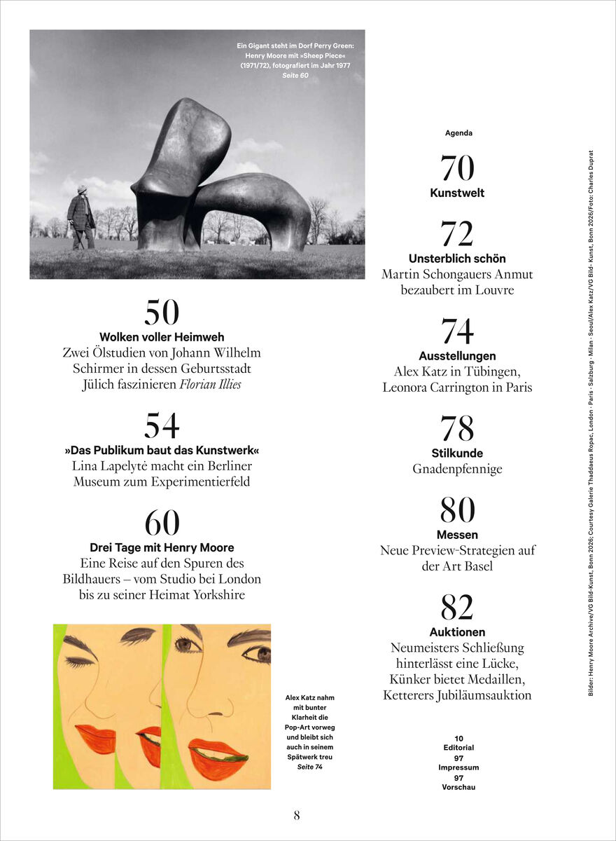 Magazinseite mit Inhaltsverzeichnis: Oben ein Schwarz-Weiß-Foto einer Skulptur von Henry Moore, daneben eine Person auf einem Feld. Unten links farbiges Bild zweier Gesichter. Texte informieren über Inhalte wie Kunst, Ausstellungen, Messen und Namensnennungen von Künstlern.