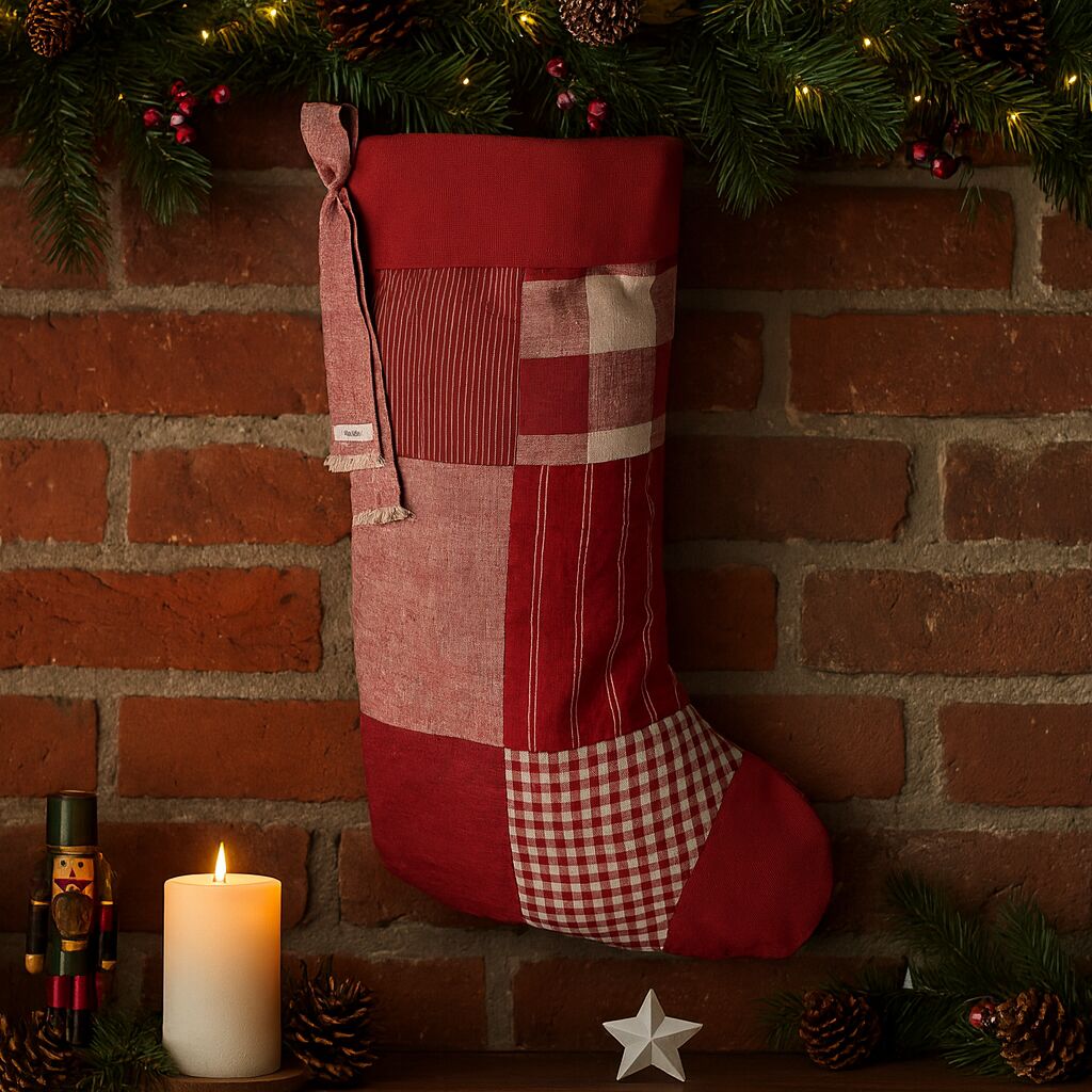 Ein großer, karierter Weihnachtsstrumpf in Rot- und Beigetönen hängt an einer ziegelroten Wand, dekoriert mit einer Lichterkette, Kiefernzapfen und einer Kerze. Ein Nussknacker steht neben der brennenden Kerze. Die Szene strahlt eine gemütliche und festliche Weihnachtsatmosphäre aus.