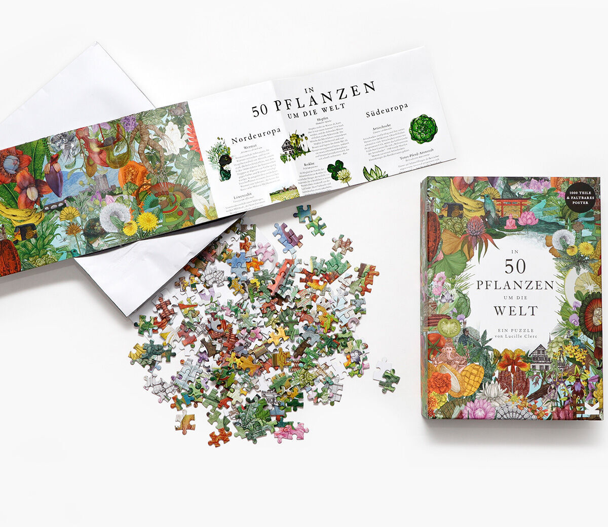 Das Bild zeigt das Puzzle »In 50 Pflanzen um die Welt«, bestehend aus einer Schachtel und mehreren angrenzenden Puzzleteilen samt einem Begleitheft mit Informationen über verschiedene Pflanzen aus der ganzen Welt. Die Illustration auf der Schachtel ist farbenfroh und zeigt verschiedene botanische Elemente.