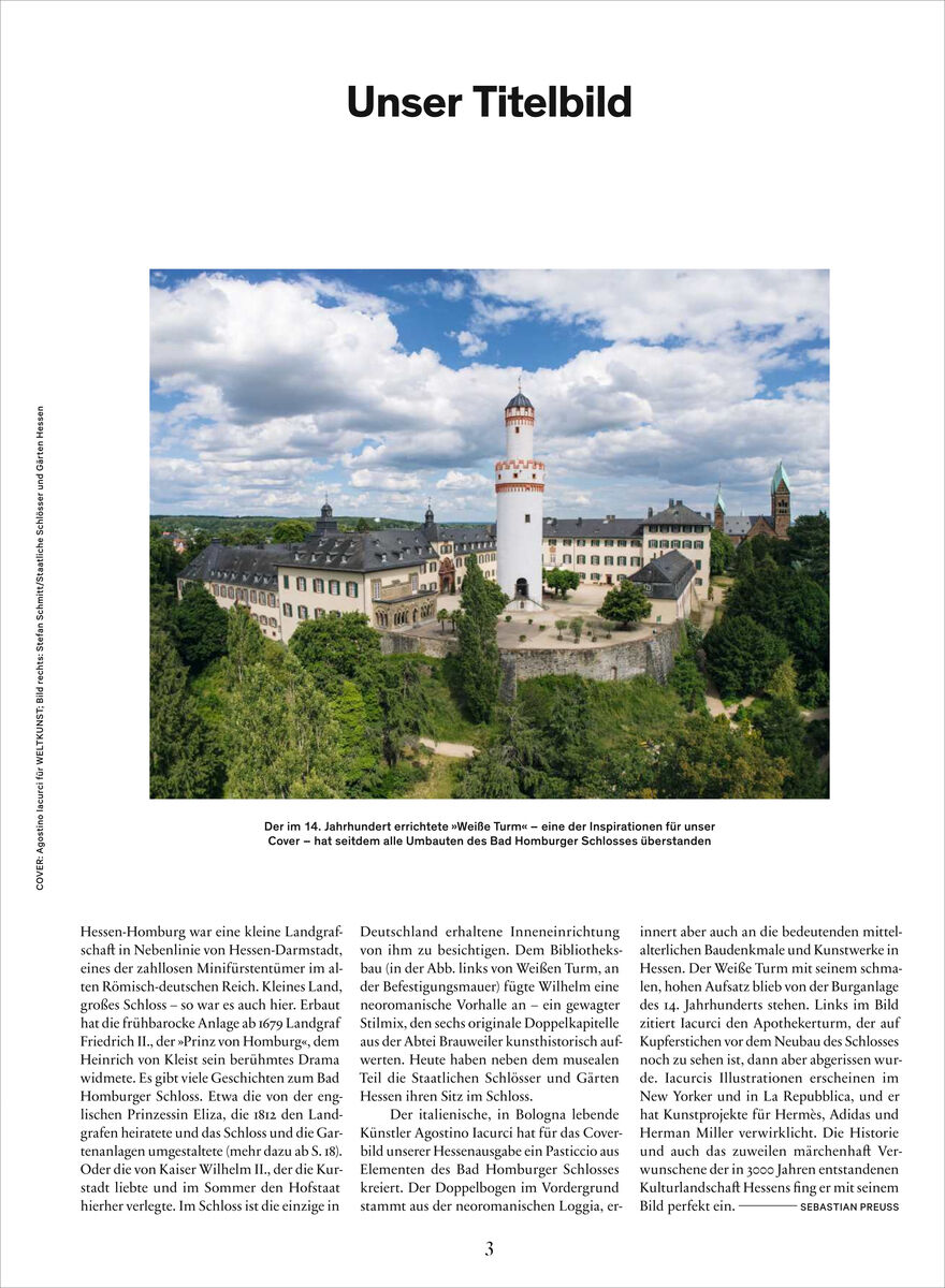 Auf dem Titelbild ist das Schloss Braunfels in Hessen zu sehen, eingebettet in üppiges Grün und unter einem blauen, wolkigen Himmel. Die weiße barocke Schlossanlage mit zentralem Turm dominiert die Mitte, umgeben von historischen Gemäuern und gepflegten Parkanlagen.