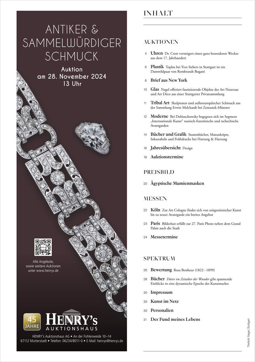 Werbung für die Auktion 'Antiker & Sammelwürdiger Schmuck' von Henry's Auktionshaus mit detailliertem Schmuckbild und Veranstaltungsdetails.