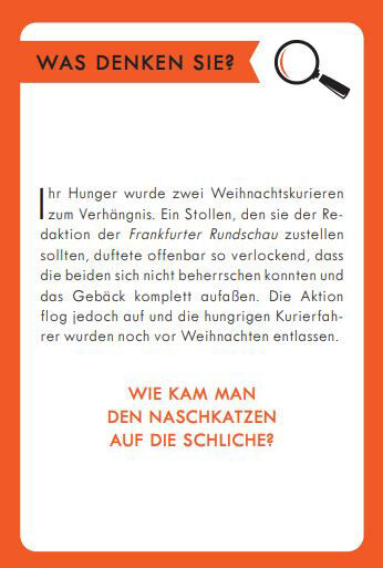 ZEIT Verbrechen Adventskarten: Eine weiße Karte mit rotem Rahmen und Text. Die Karte enthält eine Frage zur Lösung eines weihnachtlichen Rätsels. Oben ist ein Symbol einer Lupe zu sehen.