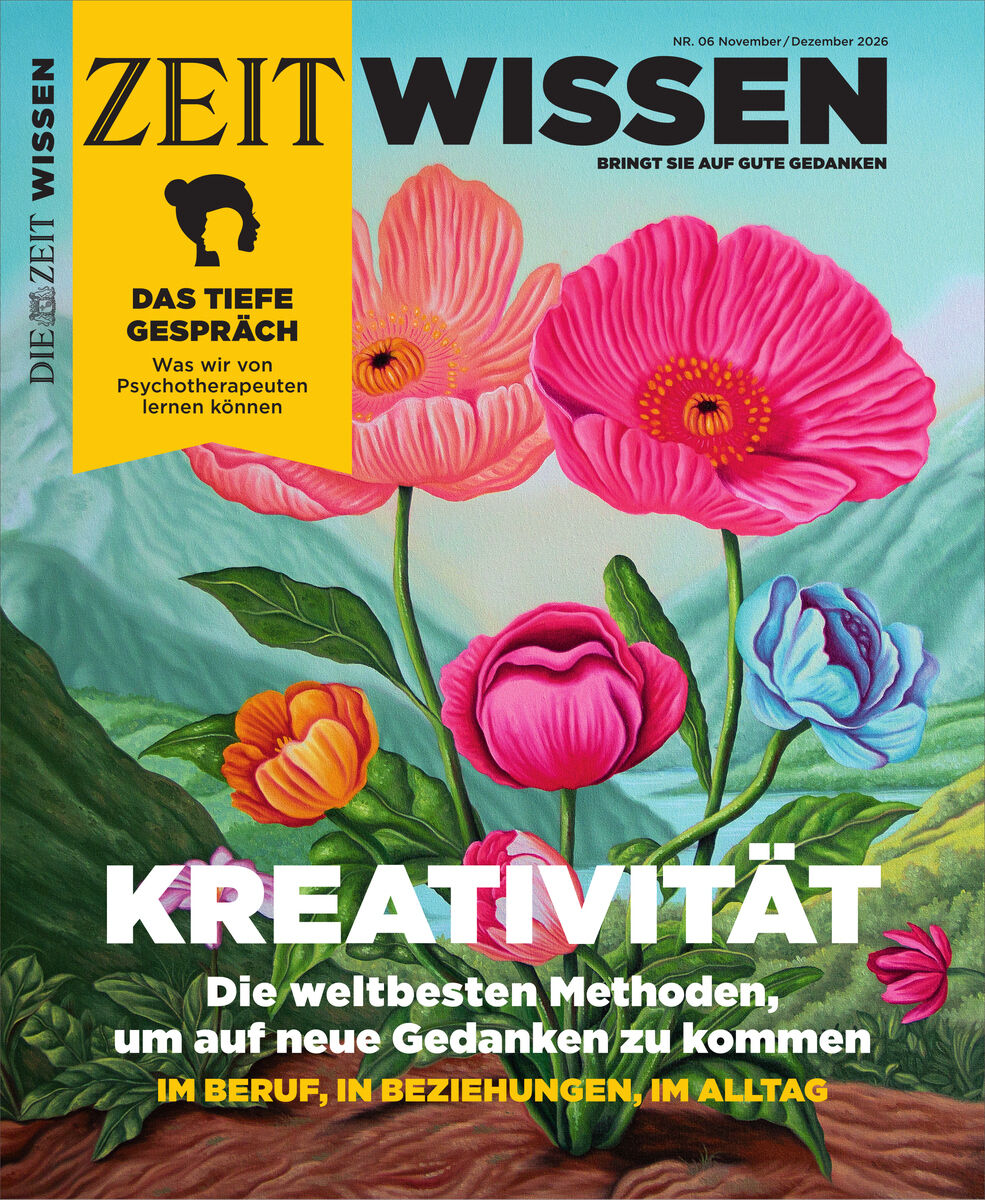 Cover des Magazins ZEIT WISSEN 6/26 mit Titel 'Kreativität'. Im Vordergrund bunte, stilisierte Blumen vor grünlichem Hintergrund. Linker Rand mit gelber Box zum Thema tiefes Gespräch. Weiße und gelbe Schrift, oben Logo ZEIT WISSEN, modern gestaltet.