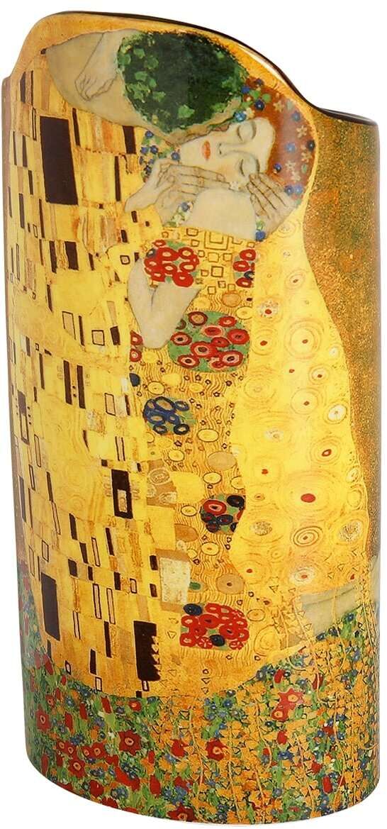 Porzellanvase mit dem Motiv »Der Kuss« von Gustav Klimt, reich verziert in Gold- und Gelbtönen mit komplexen Mustern und leuchtenden Farben; ideal als Dekorationsstück oder Vase.