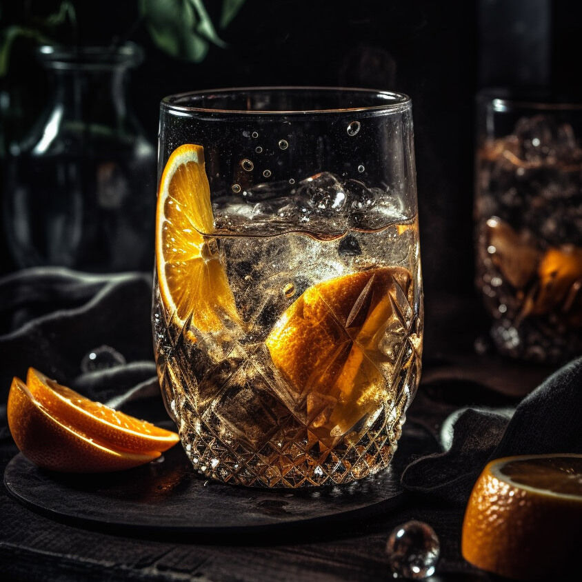 Ein stimmungsvolles Bild mit einer Gruppe von Freunden, die sich an einer Outdoor-Bar um Treffen sammeln und 'Zesty Citrus Distilled Dry Gin' genießen. Rechts im Bild ist ein Glas Gin Tonic mit Eis und Orangenscheiben zu sehen. Stimmungsvolle Lichter und Zitrusfrüchte schaffen eine warme Atmosphäre.