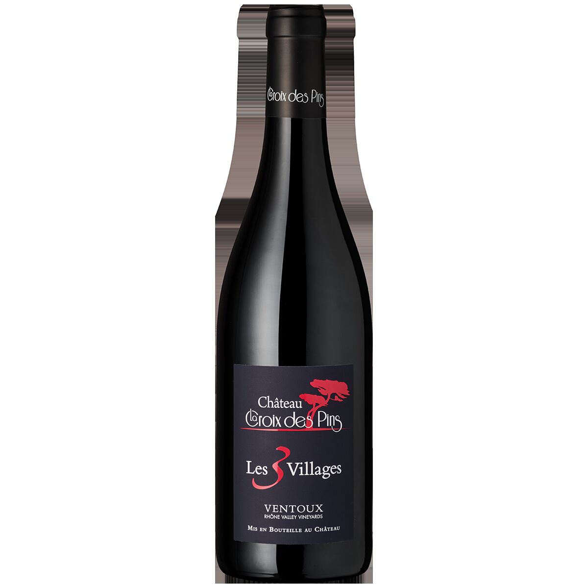 Glasflasche mit französischem Rotwein aus dem Weingut Château Croix des Pins, Etikett mit schwarzem Grund, roter und weißer Schrift und minimalistischer Illustration, typische Präsentationsform für hochwertige Weine.