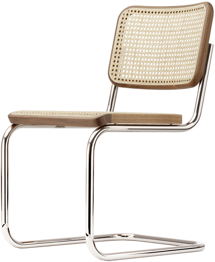 ZEIT-Sonderedition Freischwinger S 32: Ein moderner Stuhl mit einer Sitzfläche und Rückenlehne aus hellem Holz, verbunden durch ein genähtes Gittermuster, und einem verchromten Metallgestell. Perfekt für Wohnzimmer, Esszimmer und moderne Einrichtungen.