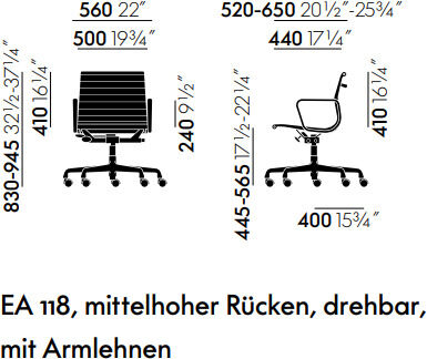 Illustration des Vitra Alu Chairs EA 118 als ZEIT-Sonderedition. Der mittelgroße Stuhl mit Armlehnen und poliertem Aluminiumgestell ist drehbar und höhenverstellbar. Die Maße und Winkel werden auf der Abbildung gezeigt.