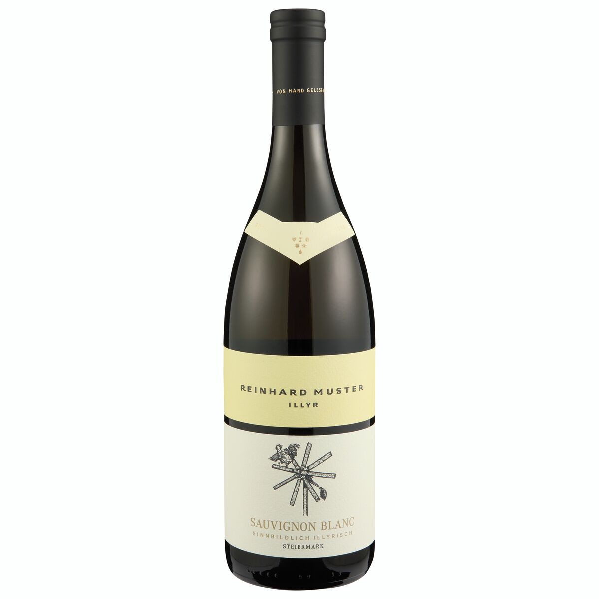 Eine elegante Weinflasche Sauvignon blanc ILLYR vom Weingut Reinhard Muster aus der ZEIT-Weinedition »Steiermark«. Die Flasche hat ein cremefarbenes und weißes Etikett mit schwarzen Akzenten und einer stilisierten Weinblüte. Der Flaschenhals ist schwarz mit goldener Verzierung.