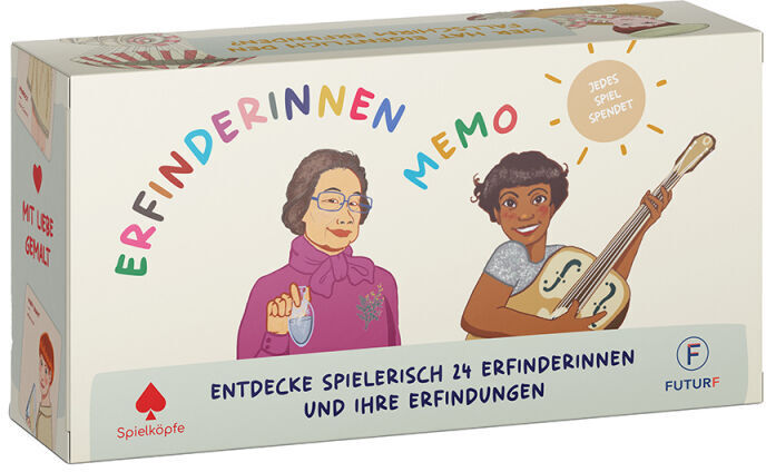 Die Verpackung des Spiels 'Erfinderinnen Memo' zeigt Illustrationen von zwei Frauen, eine hält eine Glühbirne, die andere ein Banjo. Der Titel 'Erfinderinnen Memo' ist bunt gestaltet. Der Text unten beschreibt, dass das Spiel spielerisch 24 Erfinderinnen und ihre Erfindungen vorstellt.