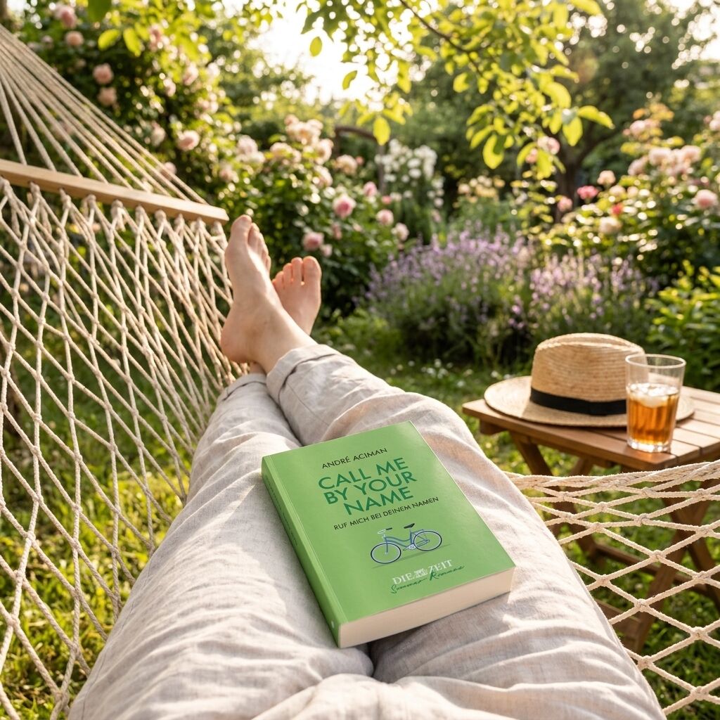 Link zur Kategorie ZEIT-Literatur-Spezial: Die besten Bücher des Sommers: Eine Person liegt entspannt in einer Hängematte im blühenden Garten. Auf den Beinen liegt das grüne Buch 'Call Me By Your Name' von André Aciman. Nebenan auf einem kleinen Holztisch stehen ein Strohhut und ein Glas Eistee.