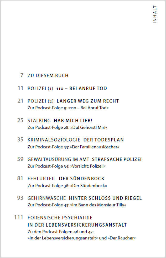 Inhaltsverzeichnis von ZEIT VERBRECHEN 2 - Paperback mit Themen wie Polizei, Ermittlungen, Kriminalsoziologie sowie Podcasts zu diversen Verbrechen.