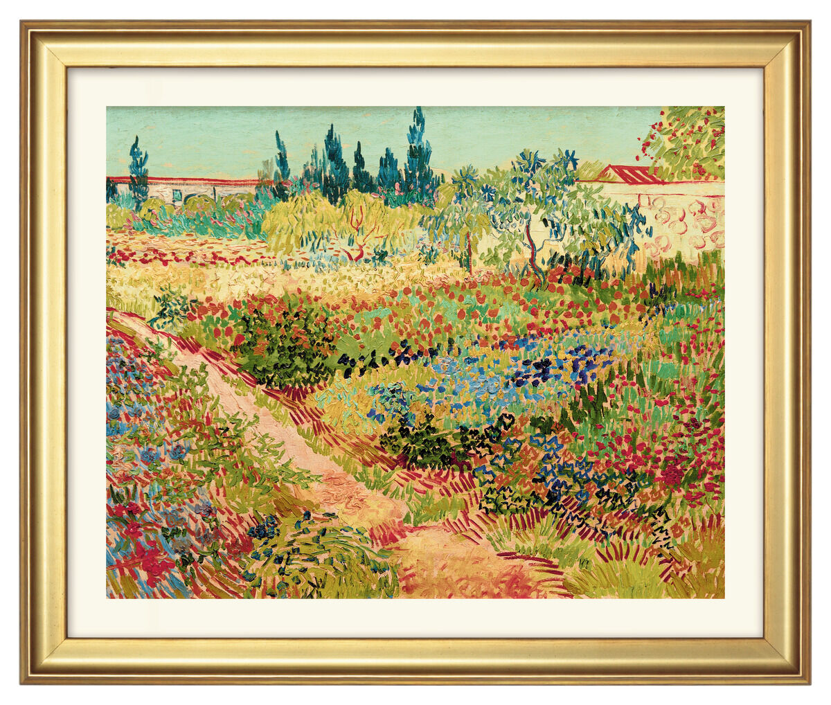 Gemälde ‚Blühender Garten mit Pfad‘ von Vincent van Gogh aus dem Jahr 1888. Das Bild zeigt eine üppige Gartenlandschaft mit verschiedenen bunten Blumen und einem Pfad, der durch den Garten führt. Dominierende Farben sind Grün, Blau, Rot, Gelb und Braun. Der Hintergrund enthält Bäume und eine Mauer. Die Szene ist in einem impressionistischen Stil gemalt.