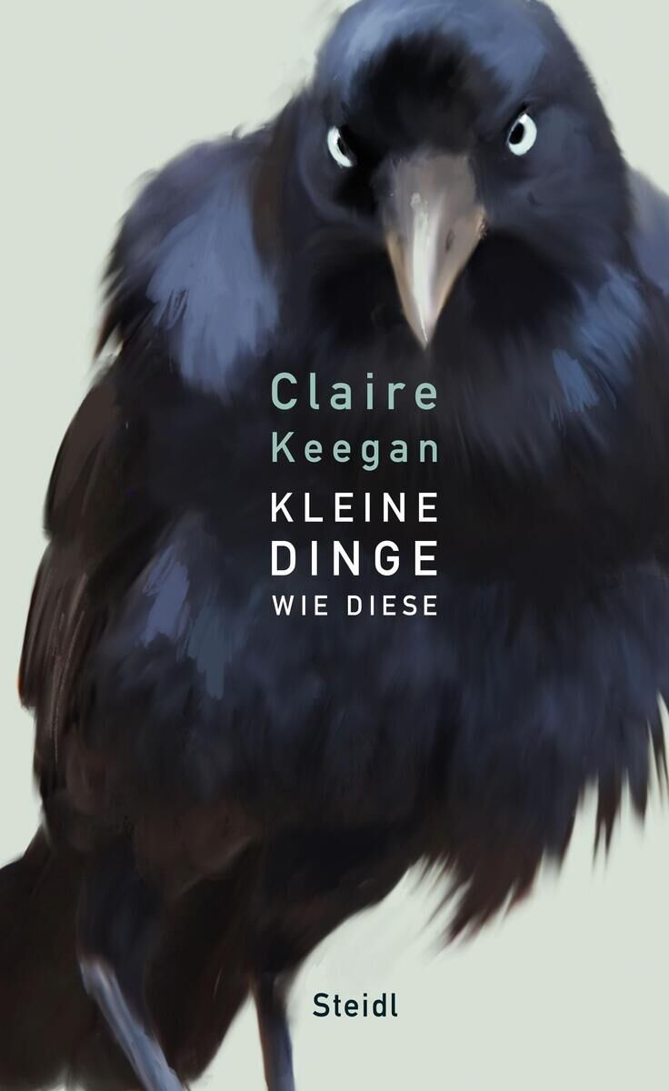 Buchcover von 'Kleine Dinge wie diese' von Claire Keegan, veröffentlicht von Steidl. Das Cover zeigt einen schwarzen Raben auf einem hellgrünen Hintergrund mit dem Buchtitel und Autorennamen in weißer und hellblauer Schrift.
