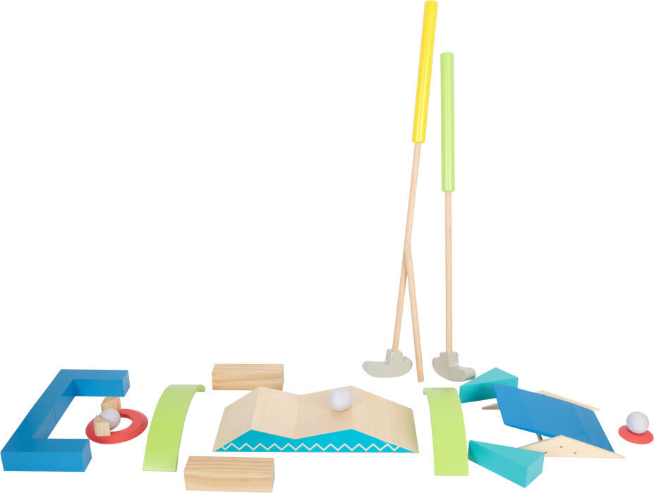 Minigolf-Set »Active«, bestehend aus bunten und hölzernen Komponenten, darunter Golfschläger, Kugeln, und Hindernisse. Geeignet für Kinder und Outdoor-Aktivitäten.
