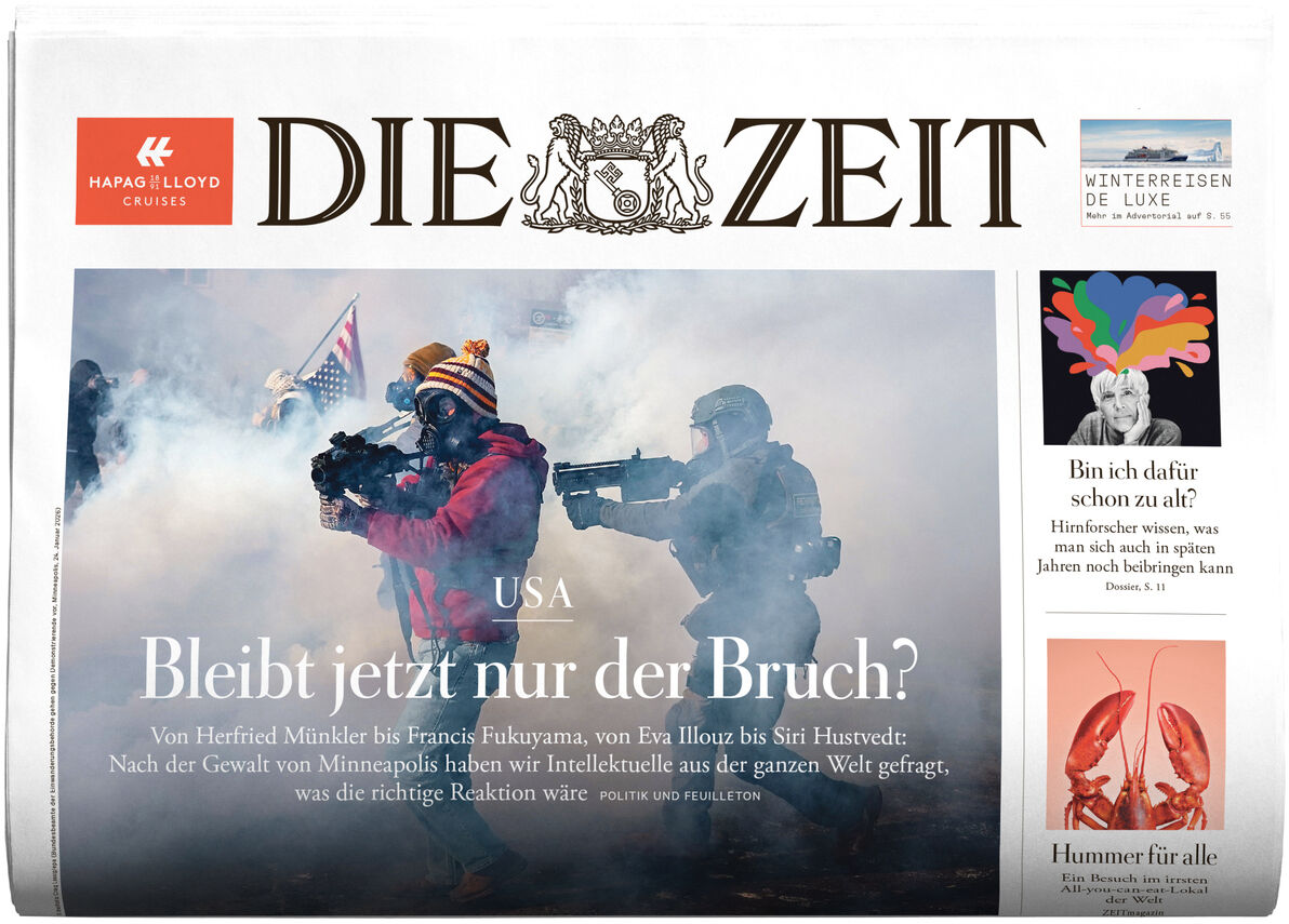 Titelblatt der Wochenzeitung DIE ZEIT Ausgabe 05/2026. Großes Foto von Journalisten in Schutzkleidung im Rauch, Kameras im Anschlag. Überschrift: „USA. Bleibt jetzt nur der Bruch?“ Mit kleinen Farbbildern und Textauszügen zu verschiedenen gesellschaftlichen Themen am rechten Rand.
