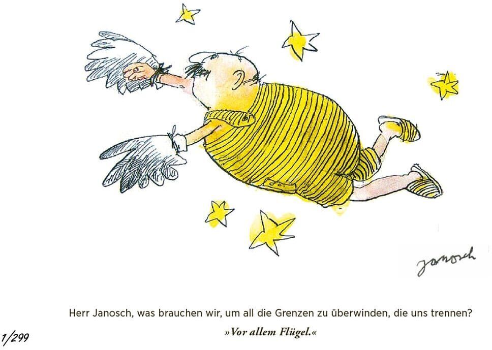Eine farbenfrohe Illustration von Janosch zeigt eine Figur in gelben Sträflingsanzug mit Flügeln, die über den Text 'Grenzen überwinden' fliegt. Um die Figur herum sind Sterne verstreut.