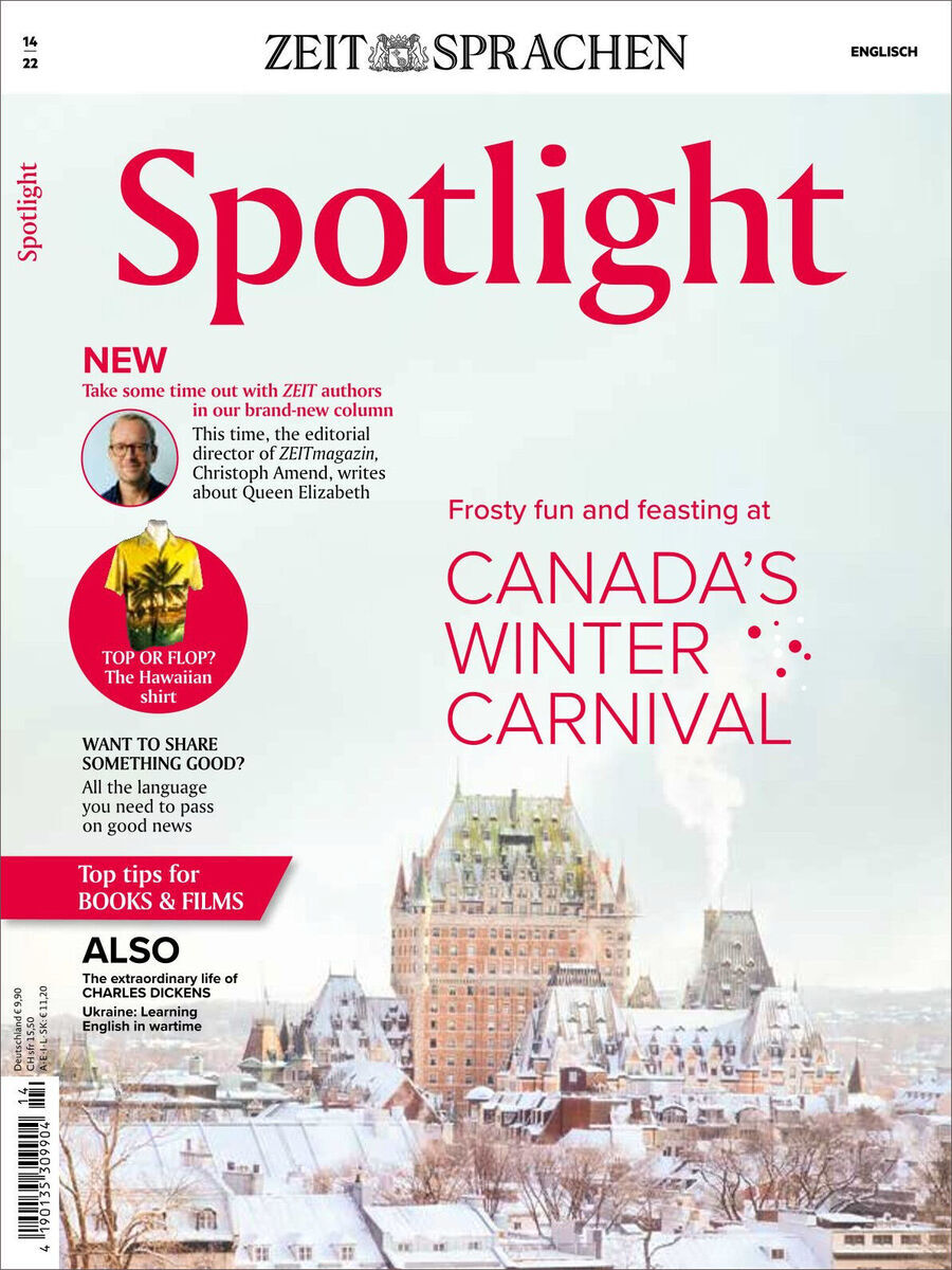 Cover des Magazins Spotlight Heft 14/2022 mit Schwerpunkt auf Kanadas Winterkarneval. Oben der Titel in roten Buchstaben auf weißem Hintergrund. Enthält Artikelhinweise und Wichtiges zum Magazin.