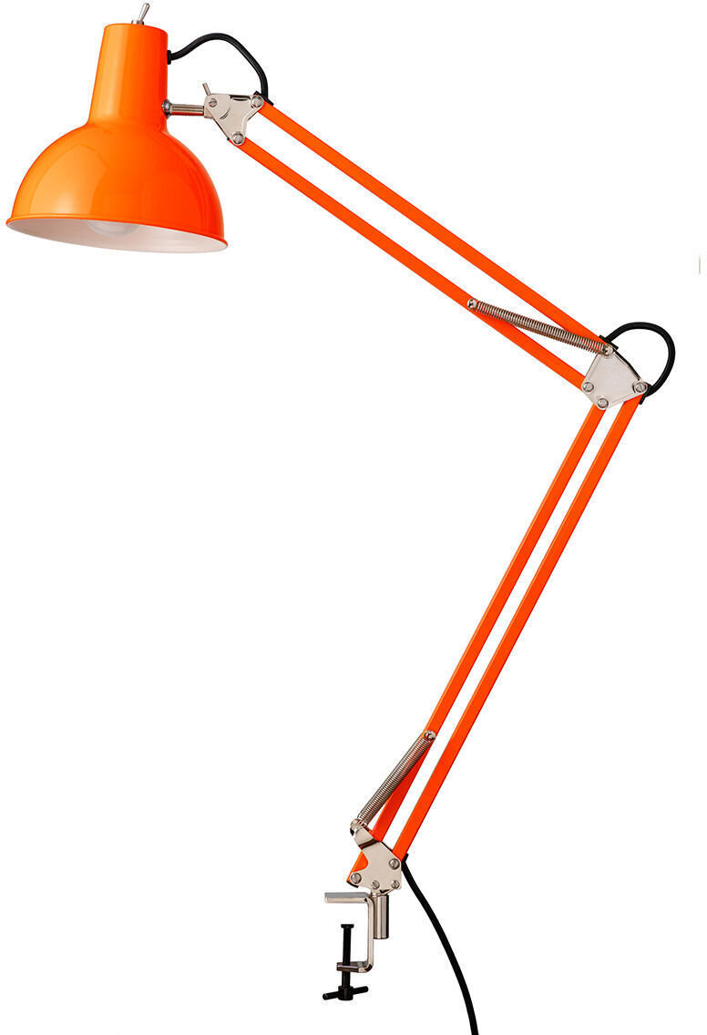 Die Tischleuchte »Federzug« mit Klemmfuß aus der ZEIT-Sonderedition ist eine verstellbare, orangefarbene Lampe im industriellen Design, die sich ideal für Büros und Home Offices eignet.