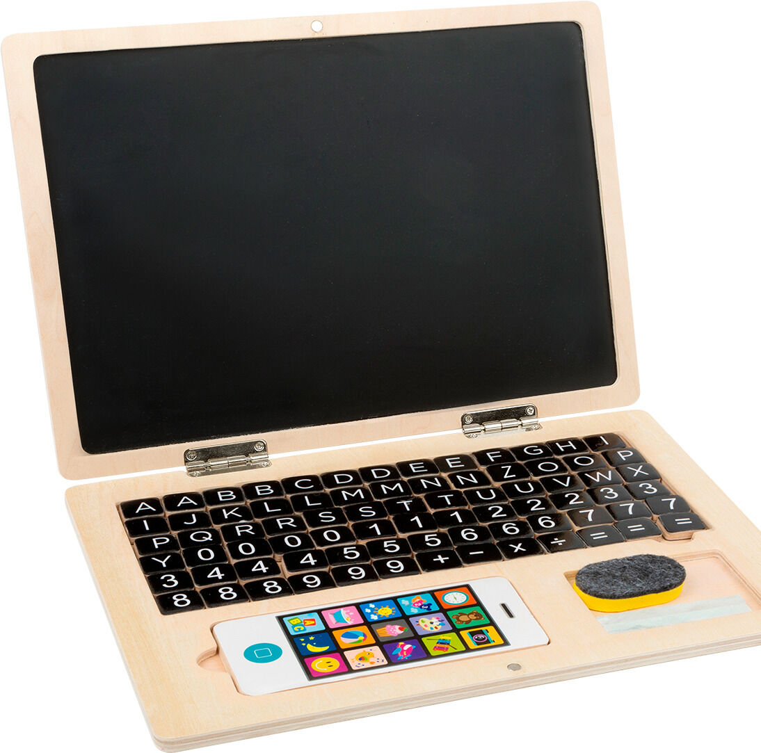 Ein Holzlaptop, der als Magnettafel dient, mit einer Tastatur und mehreren spielerischen Elementen. Besonders geeignet für Kinder als Lernspielzeug.