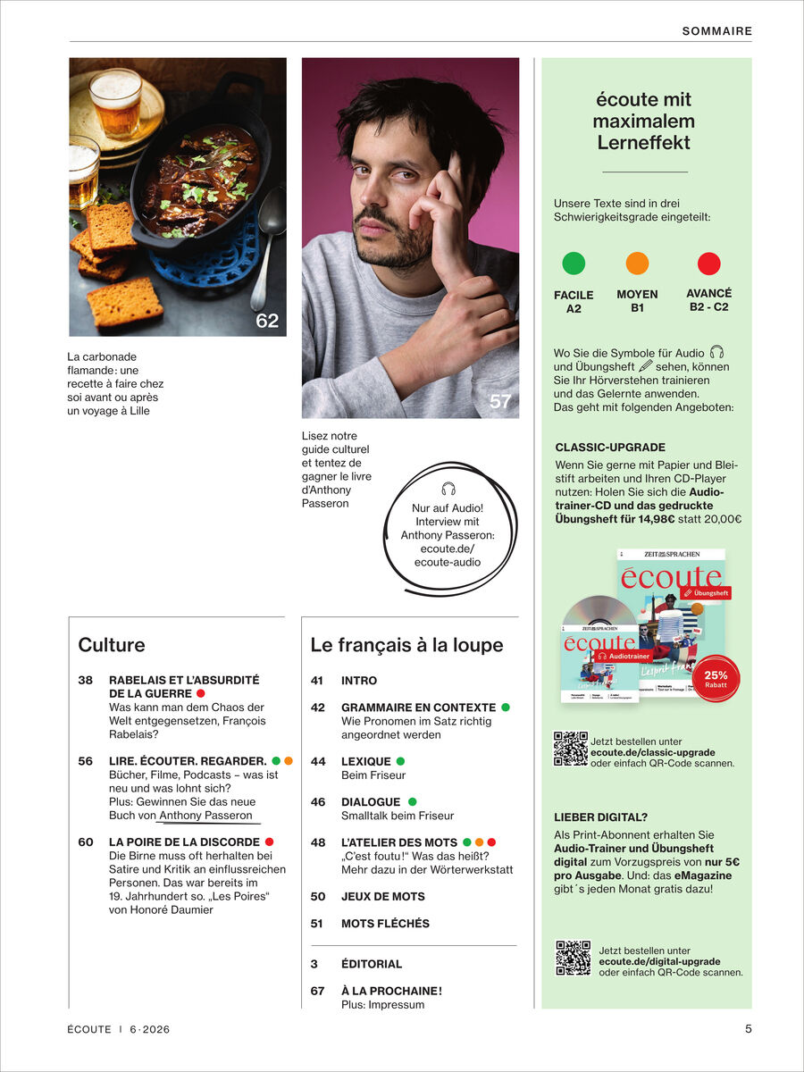 Detaillierte Magazinseite aus dem Écoute Magazin 6/2026 von Spotlight Verlag. Links eine französische Suppe mit Brot, daneben ein Porträt eines Mannes. Rechts Lern- und Inhaltsübersicht, darunter Covers und Hinweise zur Lernstruktur. Klar strukturierte Bereiche und Text auf weißem Hintergrund.