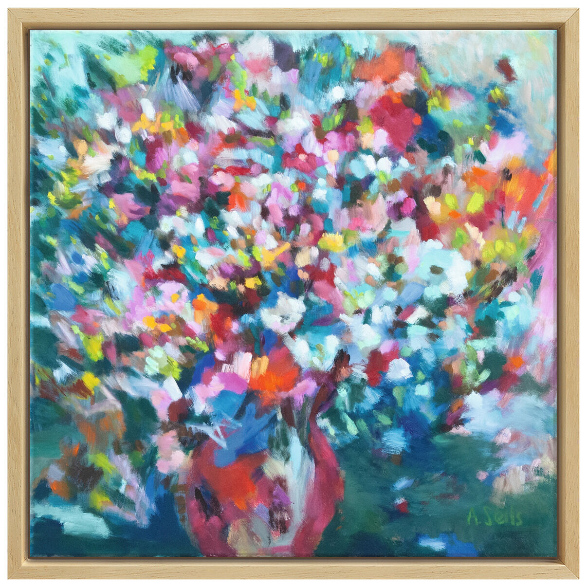 Buntes Acrylgemälde von Alexandra Seils aus dem Jahr 2016, dargestellt ist ein Blumenstrauß in lebhaften Farben in einer roten Vase. Die Blumen und Farben verschmelzen zu einem impressionistischen Meisterwerk.