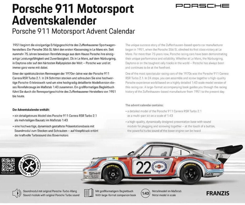 Detailreiche Verpackung des FRANZIS Porsche 911 Motorsport Adventskalenders mit großem Bild eines Porsche 911 RSR Turbo im Renndesign. Oben Infos zur Geschichte des Fahrzeugs und Kalenderinhalts. Unten technische Details, Logos und Hinweise zum gebauten Modellauto.