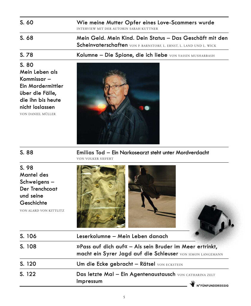 Seite aus dem Magazin ZEIT VERBRECHEN mit Inhaltsverzeichnis; aufgelistet sind verschiedene Kriminalgeschichten und Reportagen mit kurzen Beschreibungen und Autorenangaben, ergänzt durch ein Porträtfoto eines älteren Mannes im Mantel.