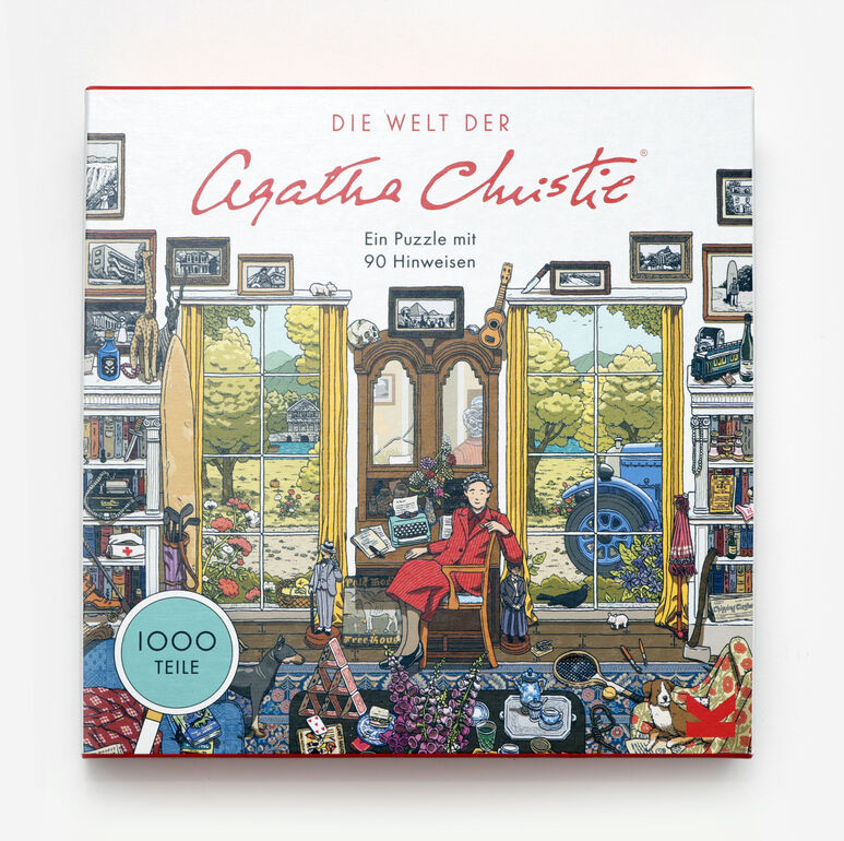 Ein 1000-teiliges Puzzle namens 'Die Welt der Agatha Christie' zeigt eine detaillierte Illustration eines gemütlichen Raums mit einem Bücherregal, einem Sessel, einem Kamin und vielen Kriminalgeschichten-Elementen.