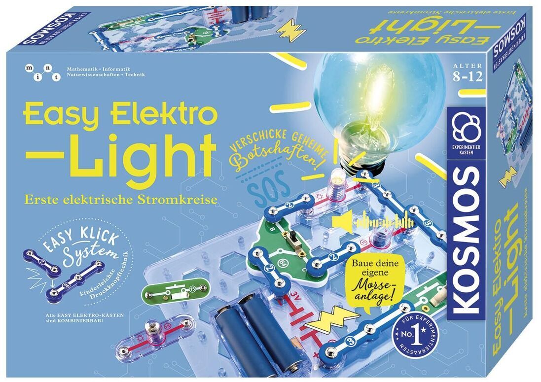 Eine Verpackung des 'Easy Elektro - Light' Spielzeugs von Kosmos ist abgebildet. Das Paket zeigt verschiedene elektronische Bauteile und ein zusammengebautes Stromkreisbastelset. Der Hintergrund ist überwiegend blau mit gelber Schrift und enthält das Kosmos-Logo. Geeignet für Kinder im Alter von 8 bis 12 Jahren.