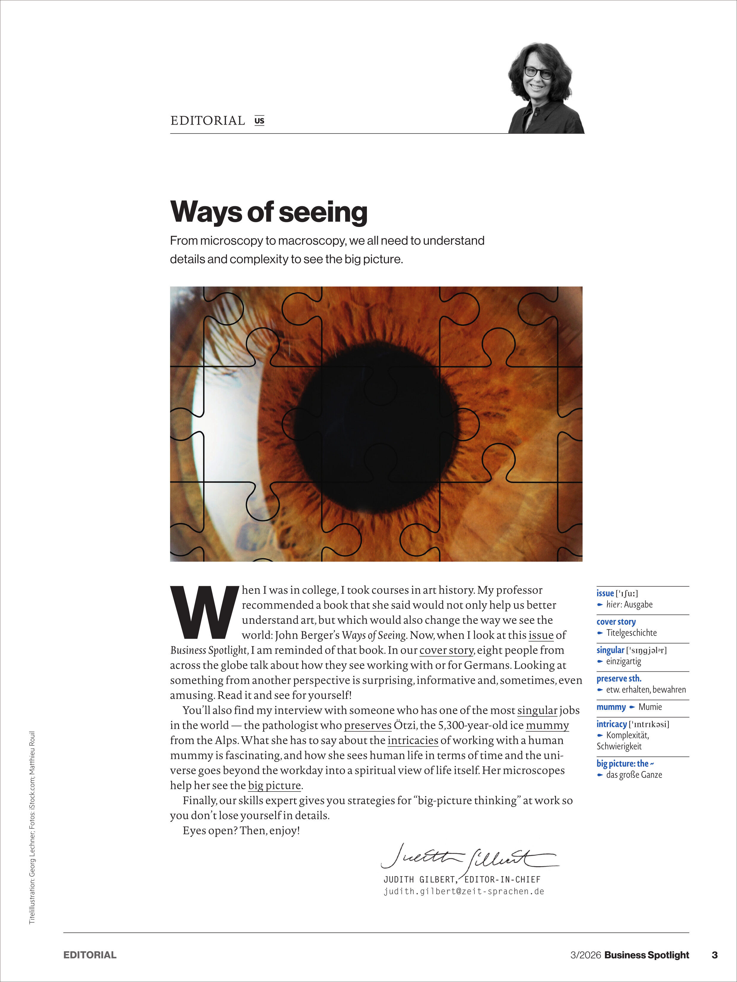Das Editorial einer Magazinseite mit der Überschrift "Ways of seeing" zeigt ein großes, detailliertes, braunes Auge, das als Puzzle dargestellt ist. Darüber steht ein kurzer Einleitungstext. Rechts oben befindet sich das Porträt einer Frau und ein kurzer Infotext zur Redaktion. Der Gesamtstil ist modern und professionell.