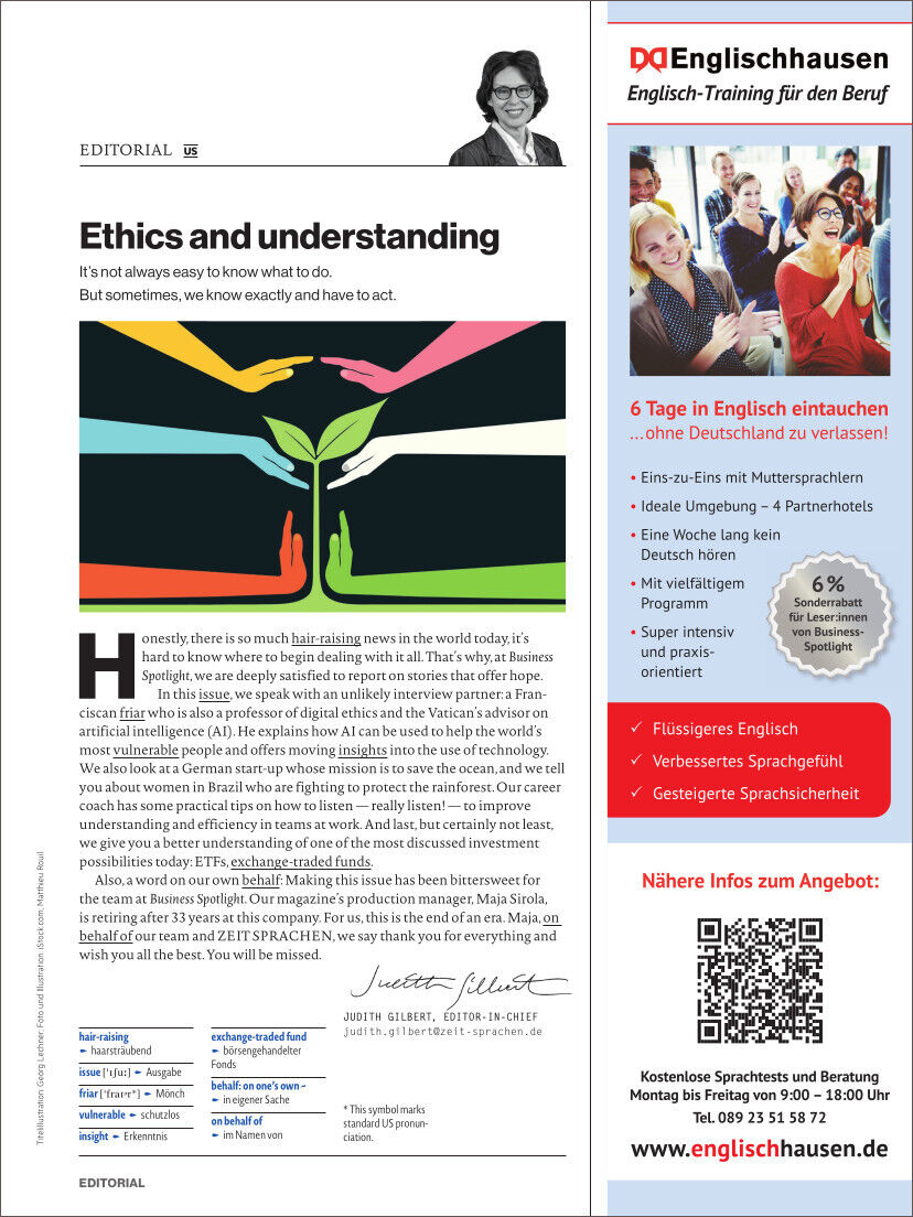 Titelblatt des Business Spotlight Magazins 07/2024 mit dem Thema 'Ethik und Verständnis'. Eine farbenfrohe grafische Darstellung von Händen, die sich berühren, ist enthalten. Werbung für einen sechstägigen Englisch-Intensivkurs bei Englischhausen. Die Seite enthält mehrere Paragrafen und ein Porträtfoto des Chefredakteurs.