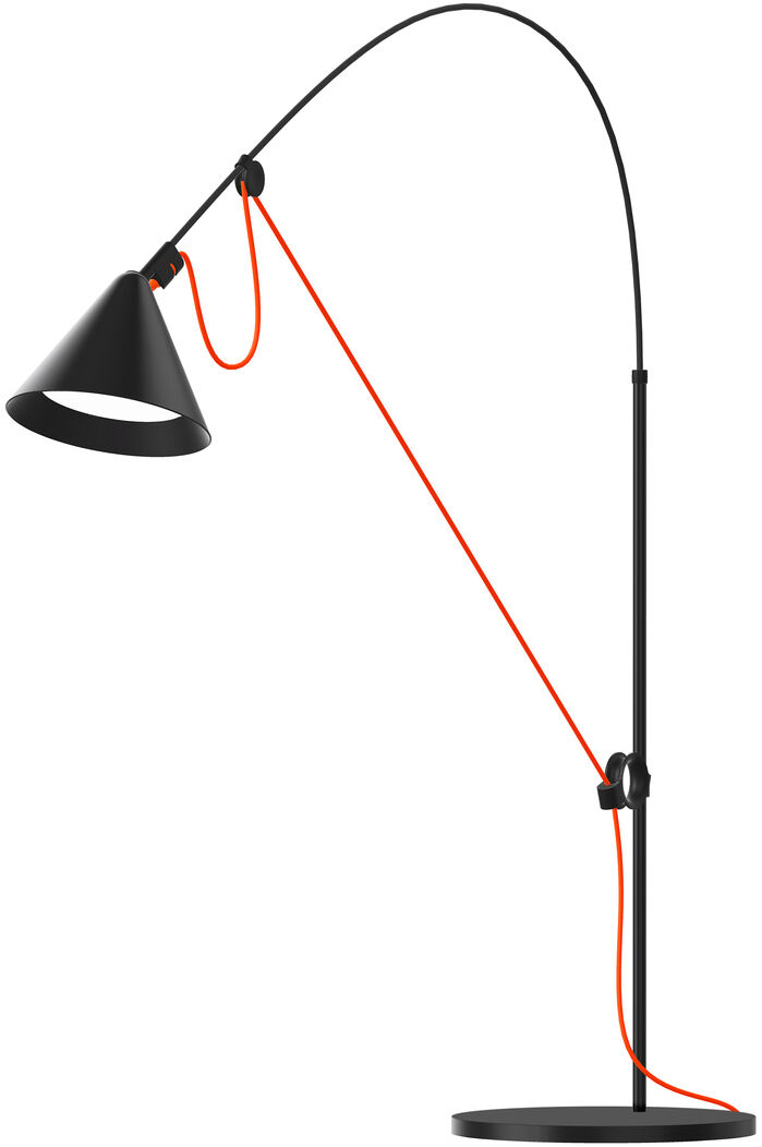 Ein modernes und minimalistisches Design einer schwarz-orangen Tischlampe namens 'AYNO' mit flexiblem Kabel und rundem Sockel.